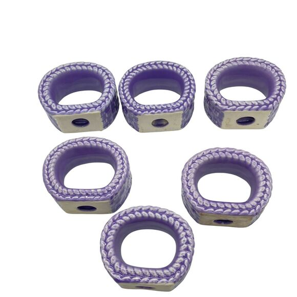 Napkin Rings Vintage Purple Ceramic Geometric Decorative Basket Weave Set Of Six - Picture 4 of 16